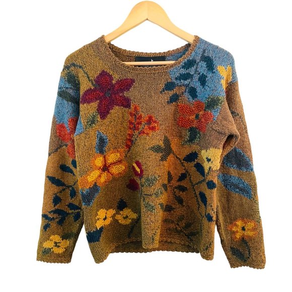 Peruvian Connection Sweaters - Peruvian Connection Women's Alpaca Pima Cotton Floral Brown Sweater Size M